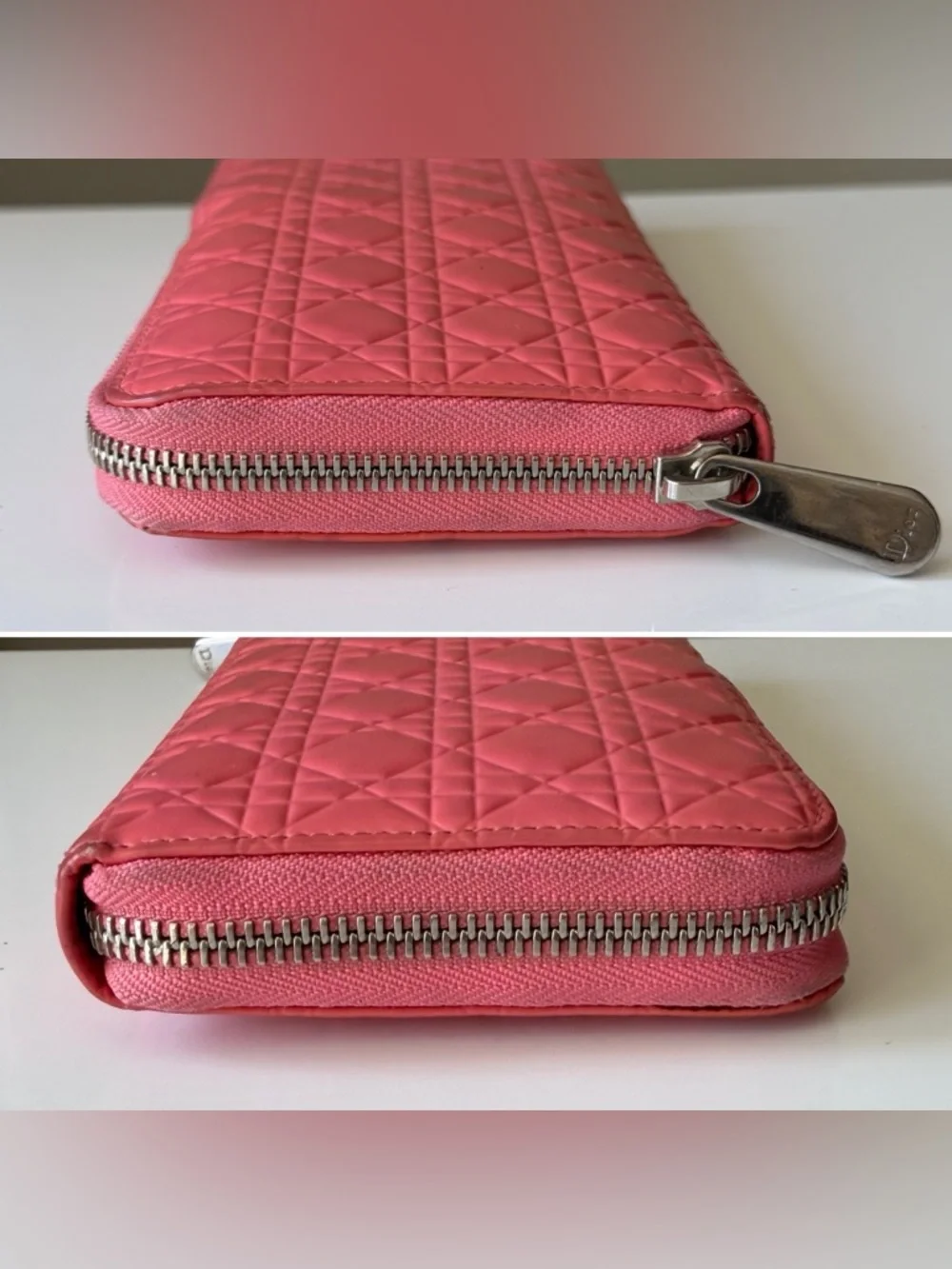 Dior Cannage Patent Leather Zip Around Wallet Coral Pink